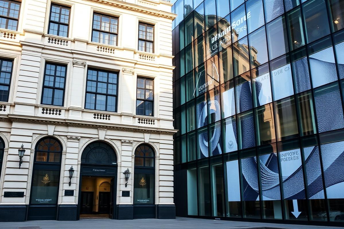Firmalån bank vs fintech – klassisk bankbygning ved siden av moderne fintech-kontor