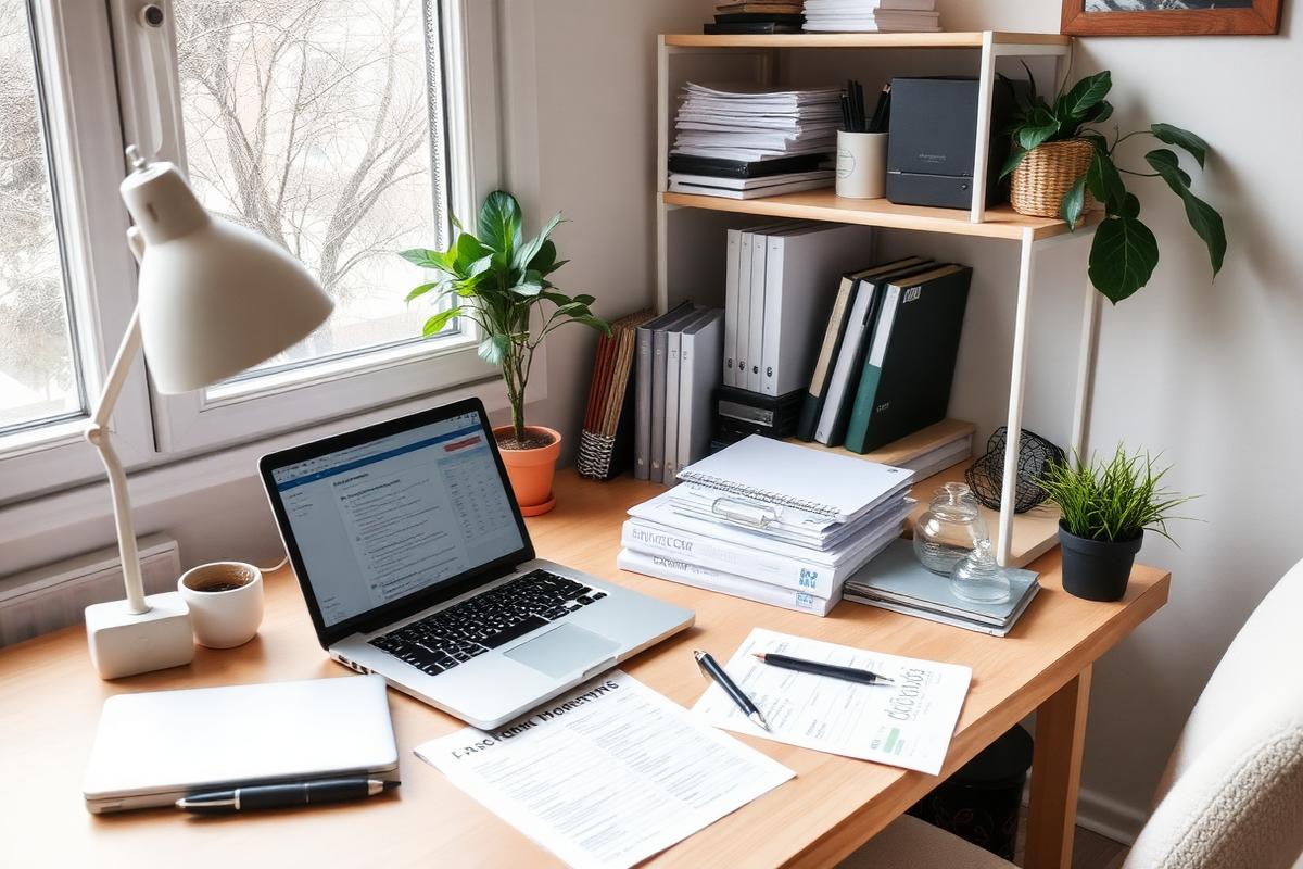 Firmalån for enkeltpersonforetak – hjemmekontor med laptop og regnskapsdokumenter for ENK