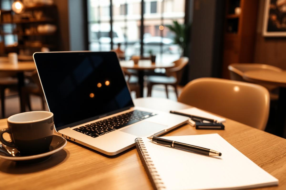 Firmalån for frilansere – frilanser-arbeidsplass med laptop og notatbok på kafé