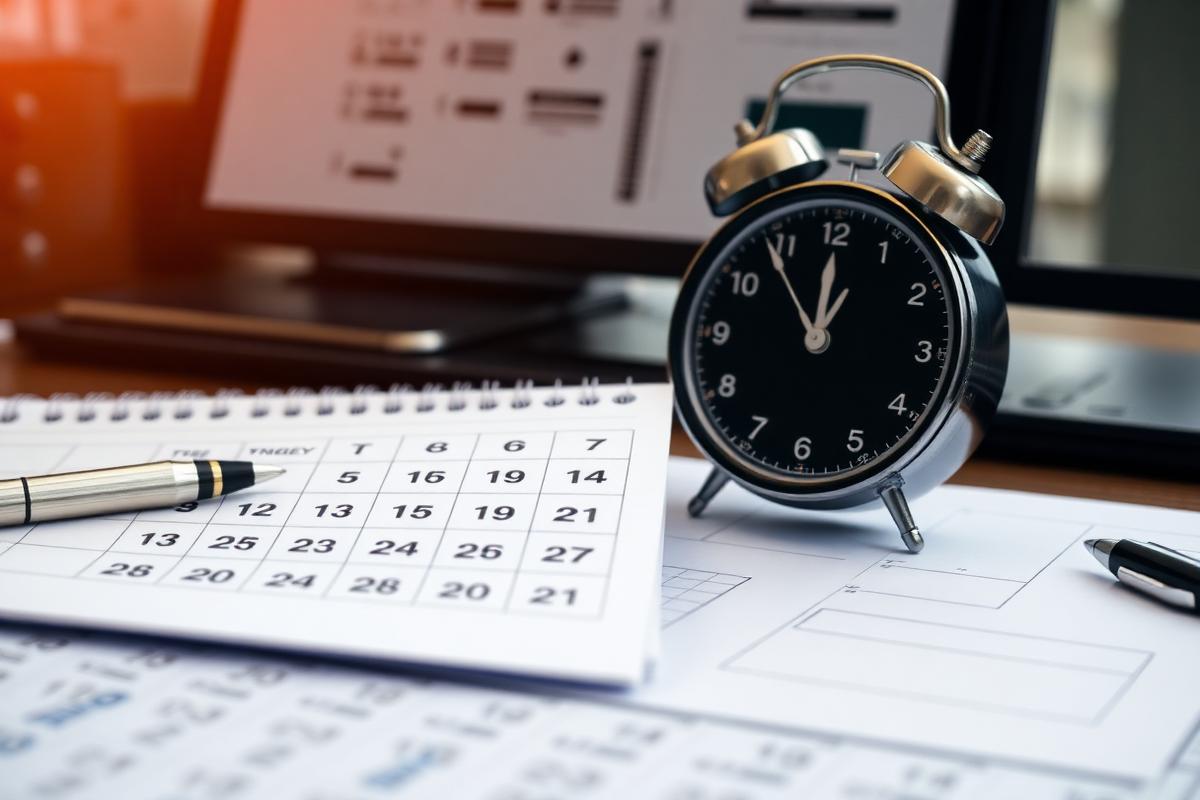 Når bør du ta opp firmalån – kalender og klokke på skrivebord for timing av bedriftslån